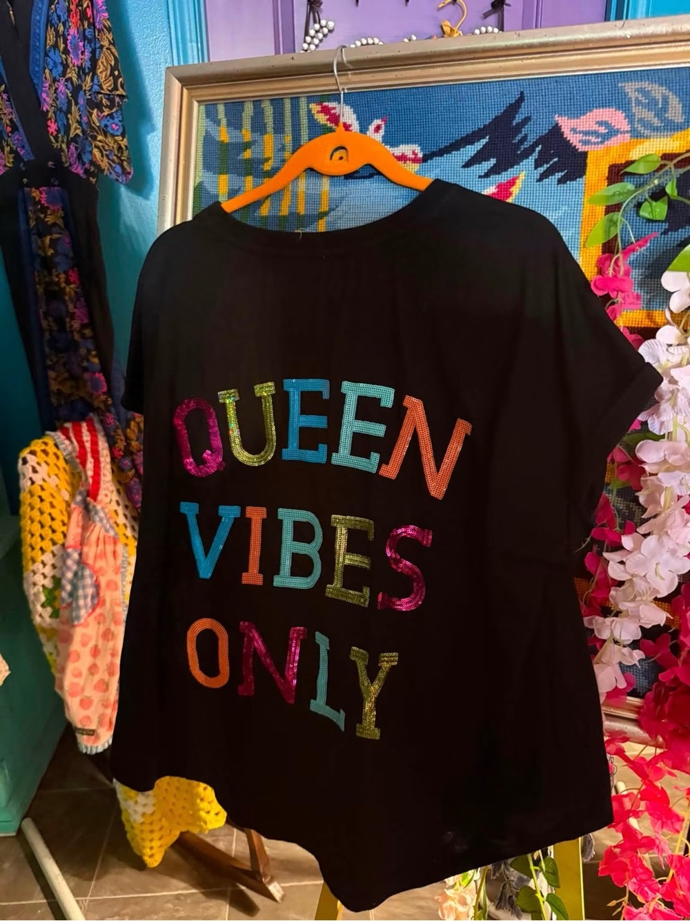 BiBi Black Short Sleeve Tee with Multicolor 'Queen Vibes Only' Lettering